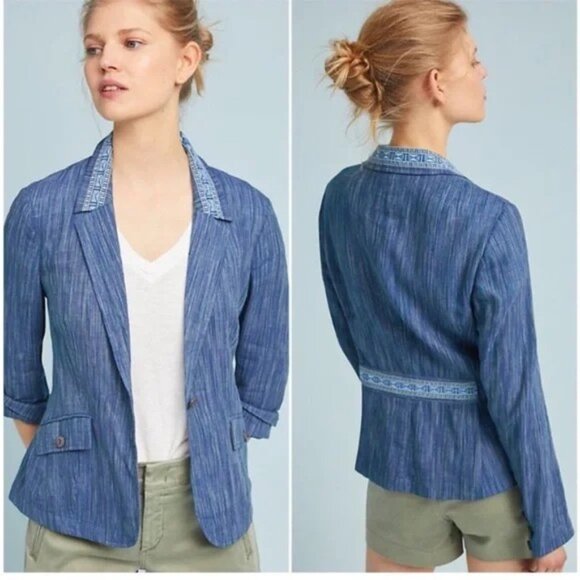 Anthropologie Winona Blue Cotton Linen Blazer Embroidered Chambray Casual Size 2 - Picture 1 of 10